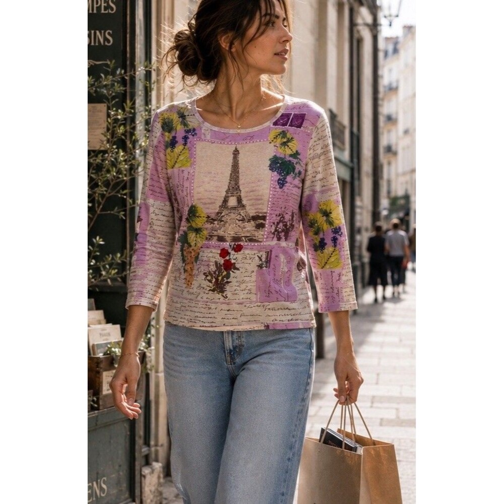 Take Two Paris Eiffel Tower Embellished Graphic Top Women’s M 100% Cotton